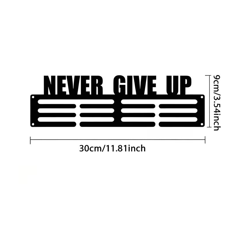 Never Give Up medal hanger dimensions - 30cm/11.81in wide, 9cm/3.54in tall