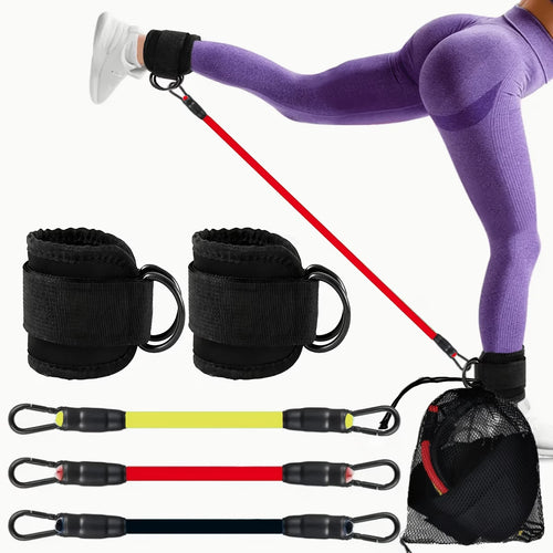 Ankle resistance band set in use with flatlay of contents